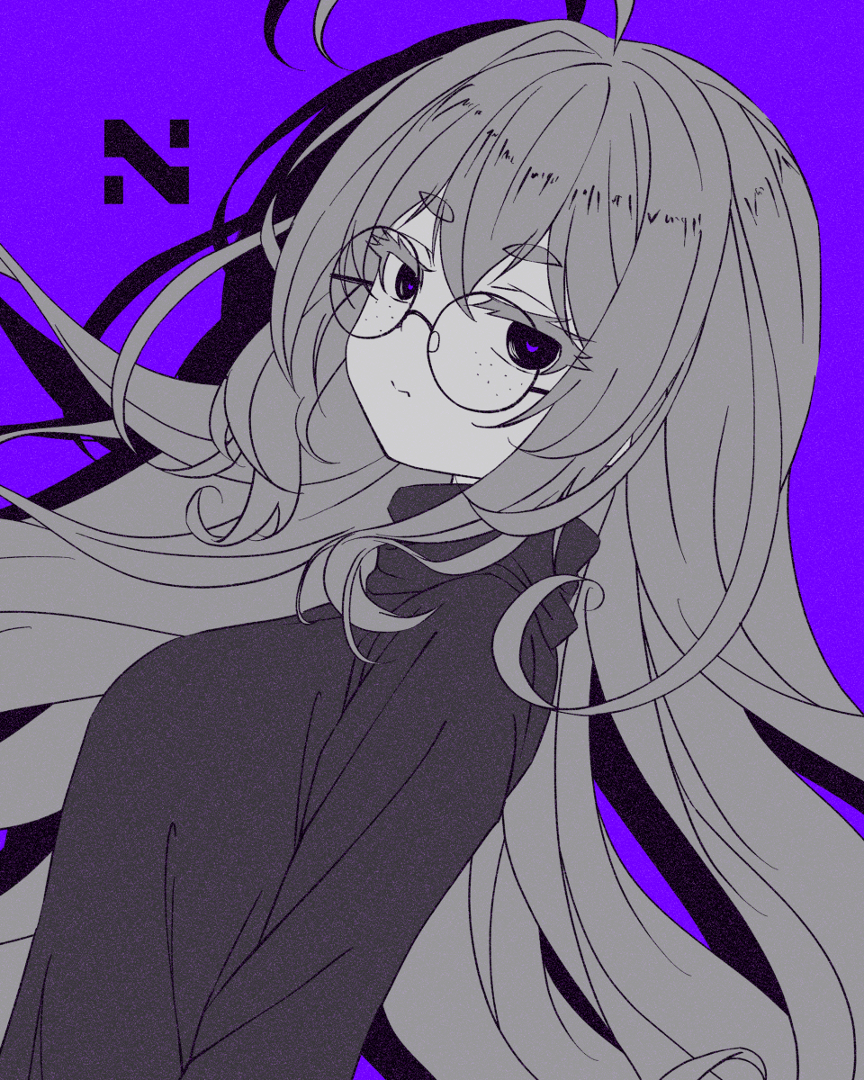 1girl, ahoge, breasts, commentary, freckles, from_side, glasses, greyscale_with_colored_background