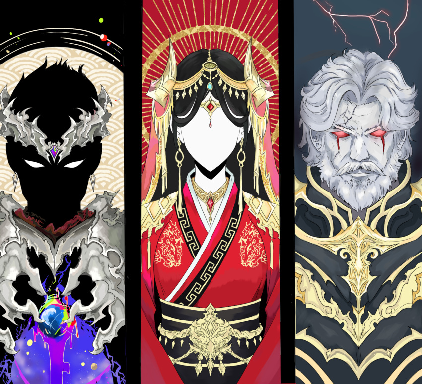 1boy, 1girl, 1other, anvil_(shadow_slave), armor, asterion_(shadow_slave), bare_tree, beard, birdofthesevenseas, black_hair, chinese_clothes, commentary, corset, cracked_skin, crown, empty_eyes, english_commentary, epaulettes, facial_hair, facing_viewer, forehead_jewel, gold_trim, hanfu, highres, jewelry, ki_song, long_hair, mustache, necklace, red_eyes, scar, scar_across_eye, scar_on_face, shadow_slave, short_hair, tree, upper_body, white_hair