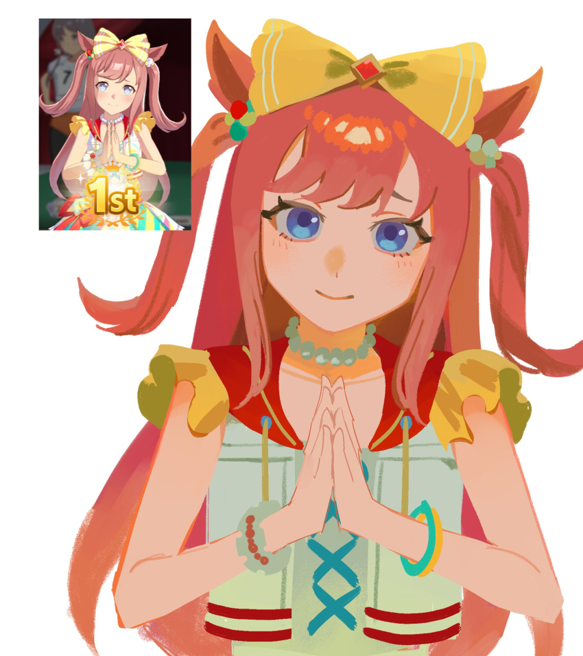 1girl, absurdres, agnes_digital_(full-color_fangirling)_(umamusume), agnes_digital_(umamusume), animal_ears, bead_necklace, beads, blue_eyes