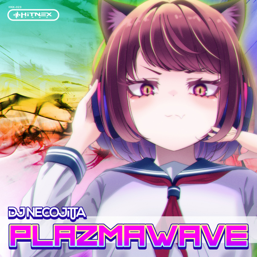 1girl, :3, album_cover, animal_ears, blue_sailor_collar, bob_cut, cat_ears, character_name
