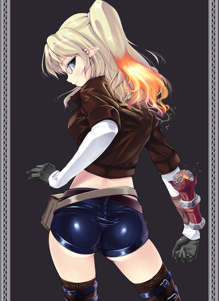ass, blonde_hair, blue_eyes, bolero, boots, cropped_jacket, elf, fiery_hair