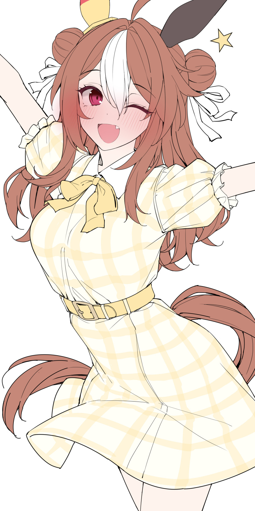 1girl, ;d, absurdres, ahoge, animal_ears, belt, blush, bow, bowtie, brown_hair, commentary_request, copano_rickey_(casual)_(umamusume), copano_rickey_(umamusume), cowboy_shot, double_bun, dress, fang, hair_between_eyes, hair_bun, hair_intakes, highres, horse_ears, horse_girl, horse_tail, kawai_ritsu_(rits_meg), long_hair, looking_at_viewer, mismatched_ear_covers, multicolored_hair, one_eye_closed, outstretched_arms, plaid_clothes, plaid_dress, puffy_short_sleeves, puffy_sleeves, short_sleeves, simple_background, smile, solo, streaked_hair, tail, two-tone_hair, umamusume, violet_eyes, white_background, white_hair, white_streaks, yellow_belt, yellow_bow, yellow_bowtie, yellow_dress