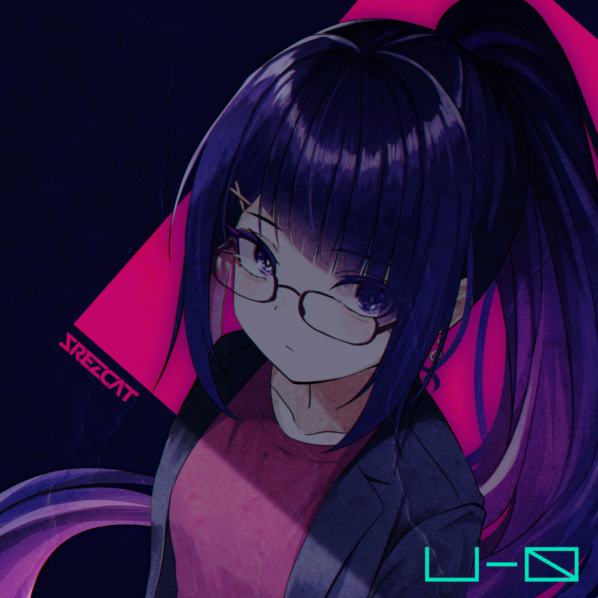 1girl, album_cover, black_jacket, breasts, character_name, commentary_request, cover, glasses