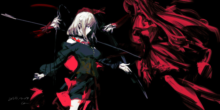 2girls, absurdres, bang_dream!, bang_dream!_it's_mygo!!!!!, black_background, black_dress, blonde_hair, breasts