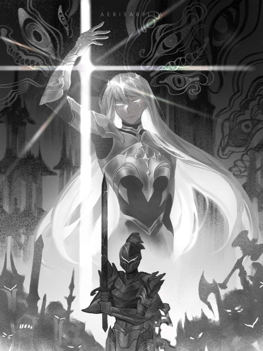 1girl, 6+others, abstract_background, aerisabella, armor, axe, battle_axe, breastplate, commentary, cowboy_shot, crown, empty_eyes, english_commentary, glint, glowing, glowing_eyes, glowing_hair, greyscale, hand_up, helmet, highres, holding, holding_sword, holding_weapon, knight, long_hair, monochrome, multiple_others, nephis_(shadow_slave), people, scar, scar_across_eye, scar_on_face, shadow_slave, shoulder_armor, sword, weapon, white_hair