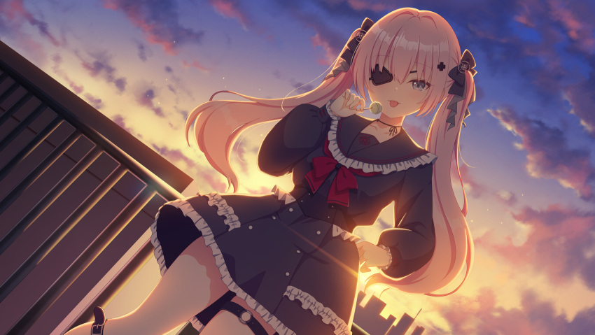 1girl, anis_bennett, black_bow, black_sailor_collar, black_shirt, black_skirt, blue_eyes, blue_sky