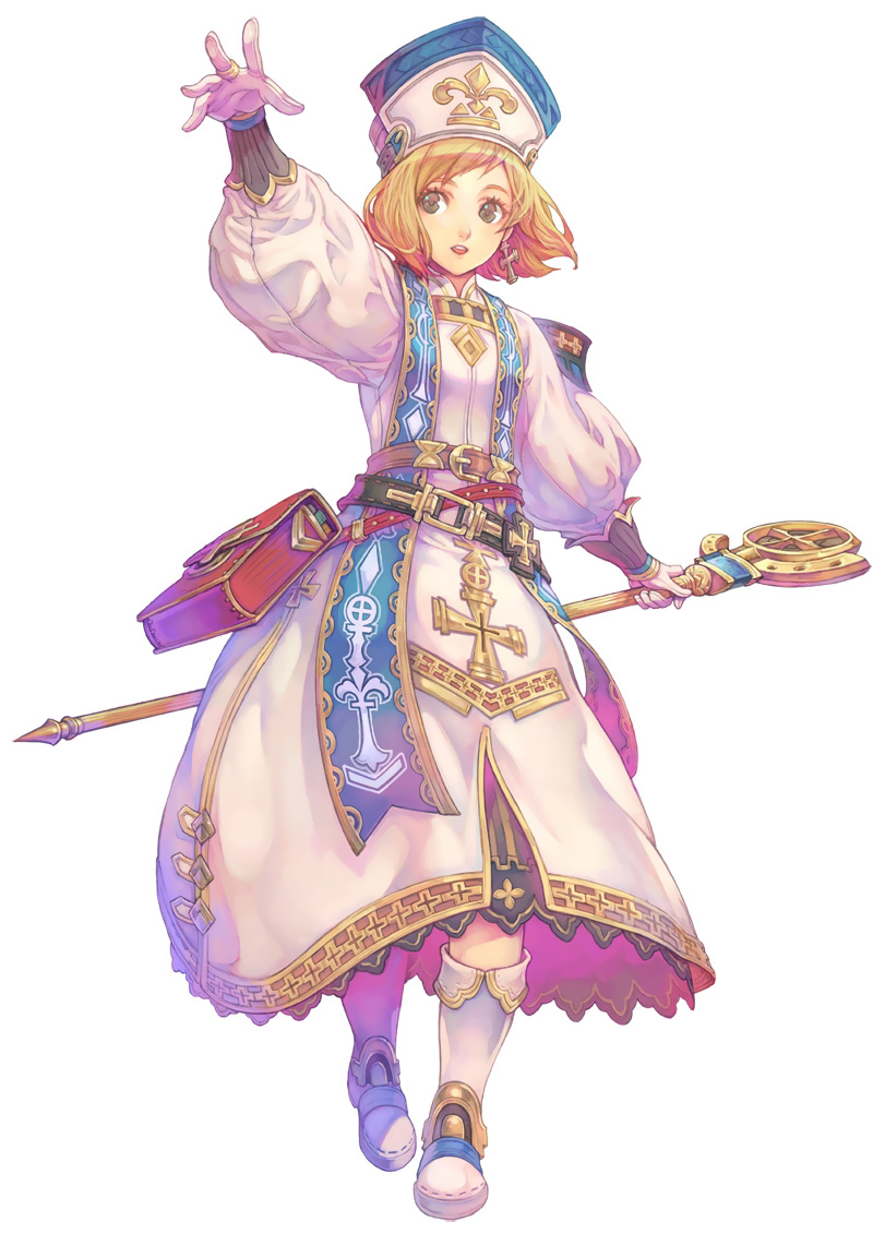 bag, bangs, belt, blonde_hair, boots, bracer, brown_eyes, character_request