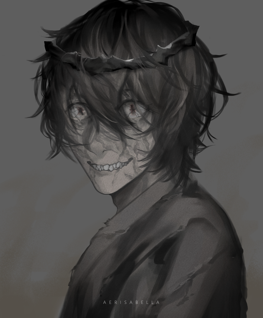 1boy, aerisabella, bad_link, bags_under_eyes, black_hair, black_robe, crazy_grin, crown, hair_between_eyes, looking_at_viewer, mad_prince, messy_hair, red_eyes, robe, shadow_slave, sharp_teeth, short_hair, solo, sunny_(shadow_slave), teeth, upper_body, wide-eyed