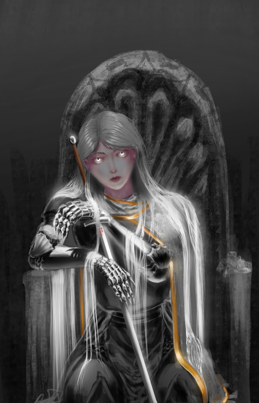 1girl, absurdres, arm_guards, armor, beanszzz, breastplate, cloak, cowboy_shot, elbow_rest, glowing, glowing_eyes, glowing_hair, gold_trim, grey_eyes, highres, holding, holding_sword, holding_weapon, knees_up, long_hair, nephis_(shadow_slave), shadow_slave, shoulder_armor, sitting, solo, sword, throne, weapon, white_cloak, white_hair