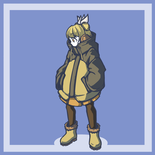 1girl, alternate_costume, blonde_hair, blue_background, blue_border, boots, border, brown_jacket