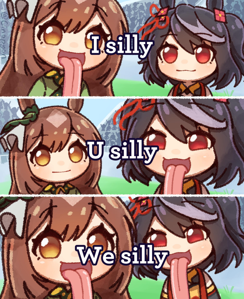 2girls, :3, :d, :|, absurdres, animal_ears, artist_name, black_hair