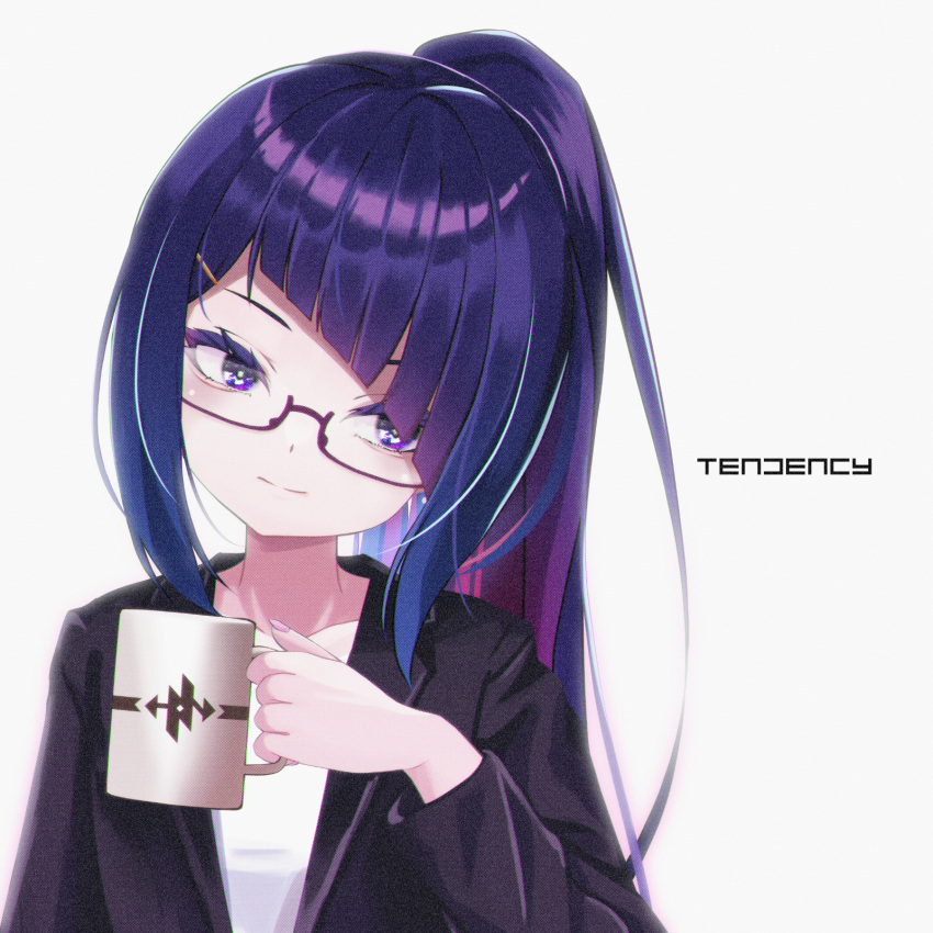 1girl, black_jacket, commentary, cup, english_text, glasses, hair_ornament, hairclip, highres, hitnex, holding, holding_cup, j-core, jacket, kobaryo, long_hair, looking_at_viewer, mug, official_art, open_clothes, open_jacket, ponytail, purple_hair, red_shirt, shirt, simple_background, solo, srezcat, upper_body, very_long_hair, violet_eyes, white_background
