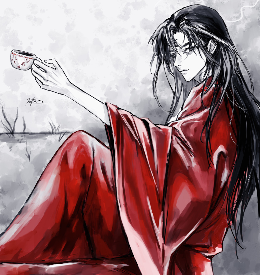 1boy, absurdres, black_hair, commentary, crescent, cup, english_commentary, expressionless