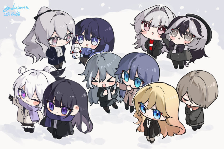 6+girls, ahoge, blonde_hair, blue_eyes, blue_hair, bow, bronya_zaychik, brown_hair