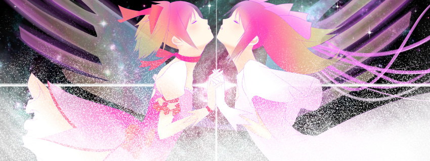 bad_id, bow, choker, closed_eyes, collar, dress, dual_persona, eyes_closed