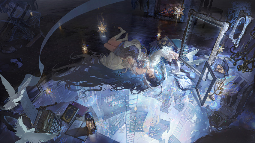 1girl, bird, blue_hair, blue_theme, book, candle, candlestand, chinese_commentary