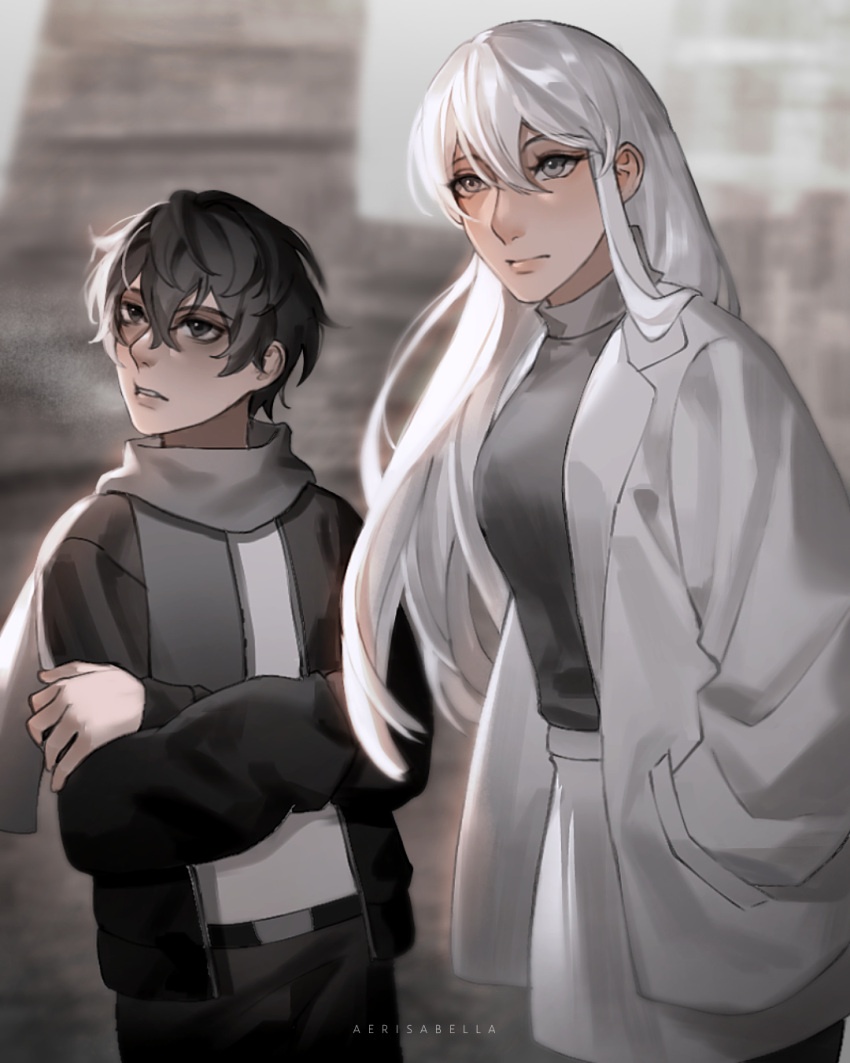 1boy, 1girl, aerisabella, black_hair, black_jacket, commentary, cowboy_shot, crossed_arms