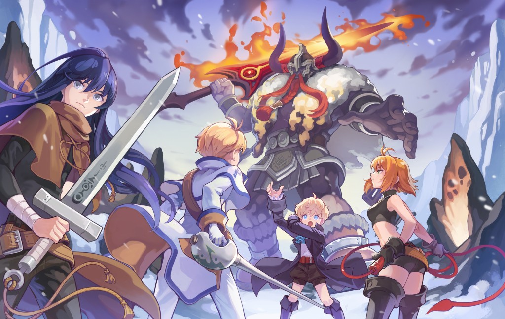 1boy, 1girl, 4boys, ahoge, ankle_boots, antenna_hair, arm_wrap, arms_behind_back