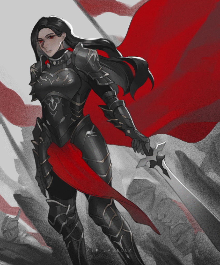 1girl, aerisabella, armor, black_hair, commentary, english_commentary, feet_out_of_frame, flag