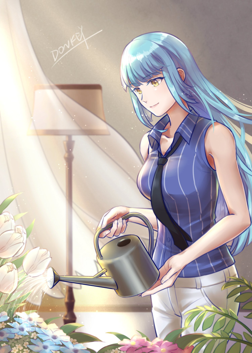 1girl, aradonkey, artist_name, black_cross_tie, blue_hair, blue_shirt, commentary_request, eiyuu_densetsu