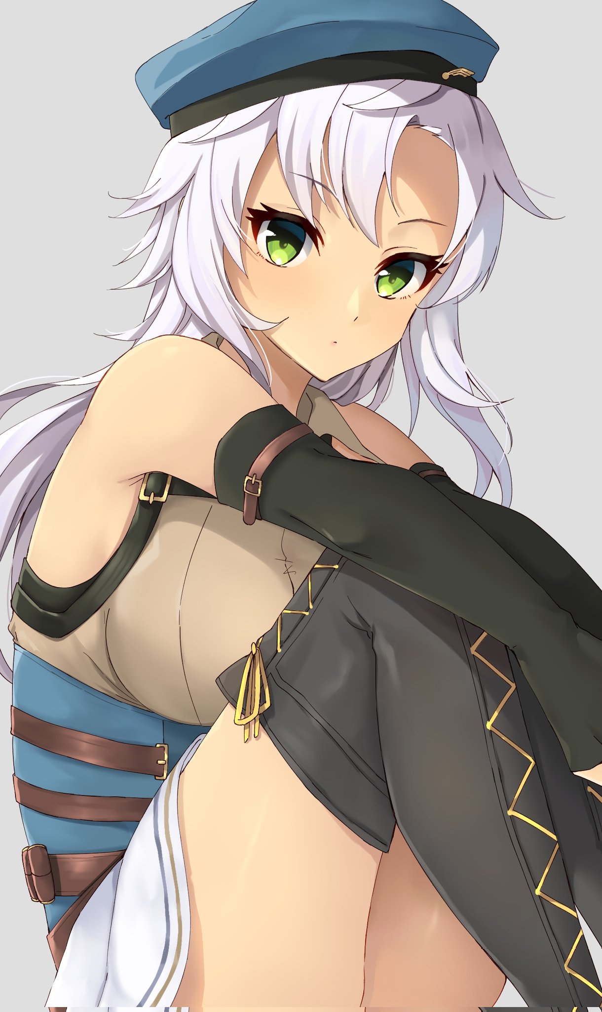 1girl, bare_shoulders, beret, blue_hat, breasts, closed_mouth, detached_sleeves, eiyuu_densetsu