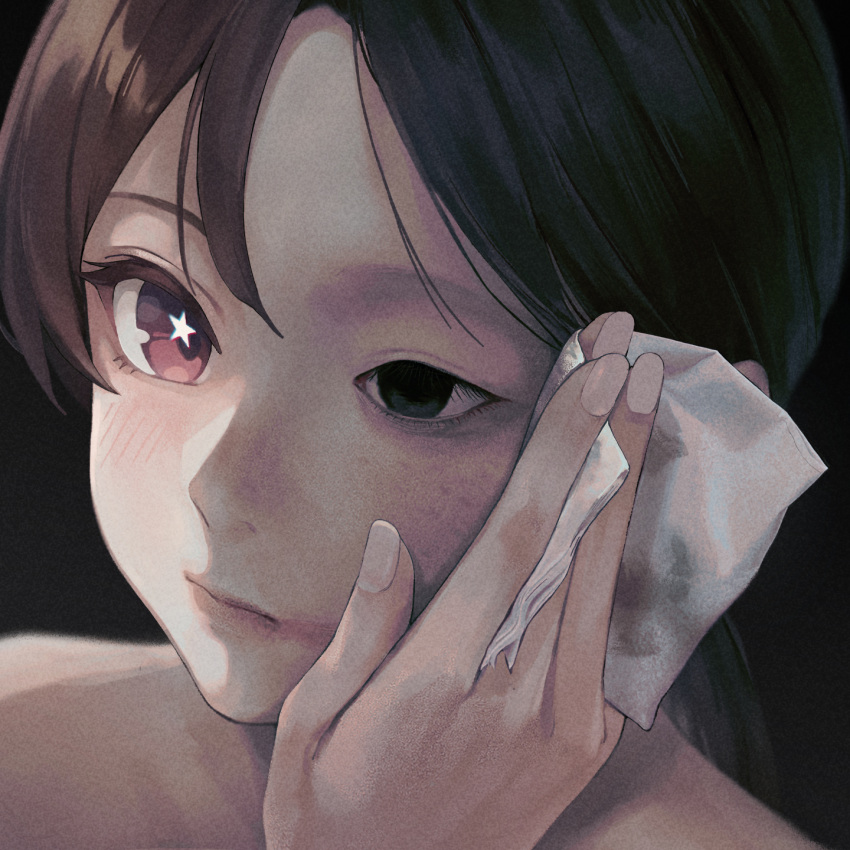 1girl, art_shift, bags_under_eyes, black_background, black_eyes, black_hair, brown_eyes, brown_hair