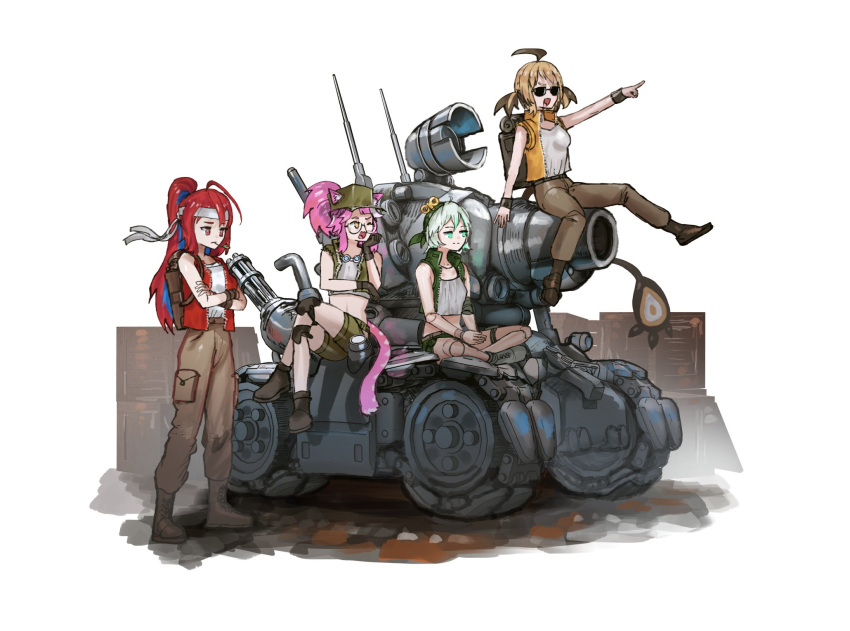 4girls, advarcher, ahoge, animal_ears, bandana, blonde_hair, blue_hair, boots