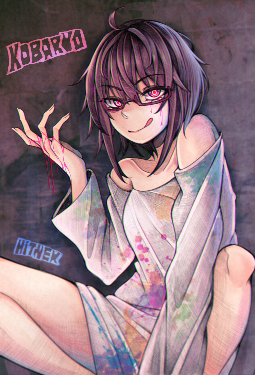 1girl, absurdres, ahoge, androgynous, blood, breasts, bright_pupils, character_name