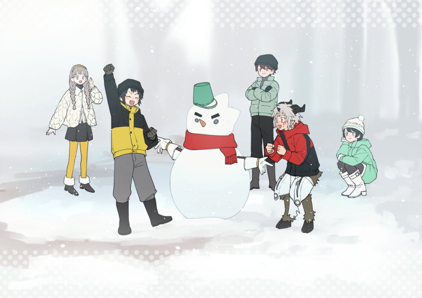 2girls, 3boys, aegiomon, alternate_costume, building_snowman, coat, digimon, digimon_(creature), digimon_story:_time_stranger, misono_inori, misono_yuuta, multiple_boys, multiple_girls, satyr, snow, snowing, snowman, winter, winter_clothes, winter_coat, yuu_(pixiv3042074), yuuki_dan, yuuki_kanan