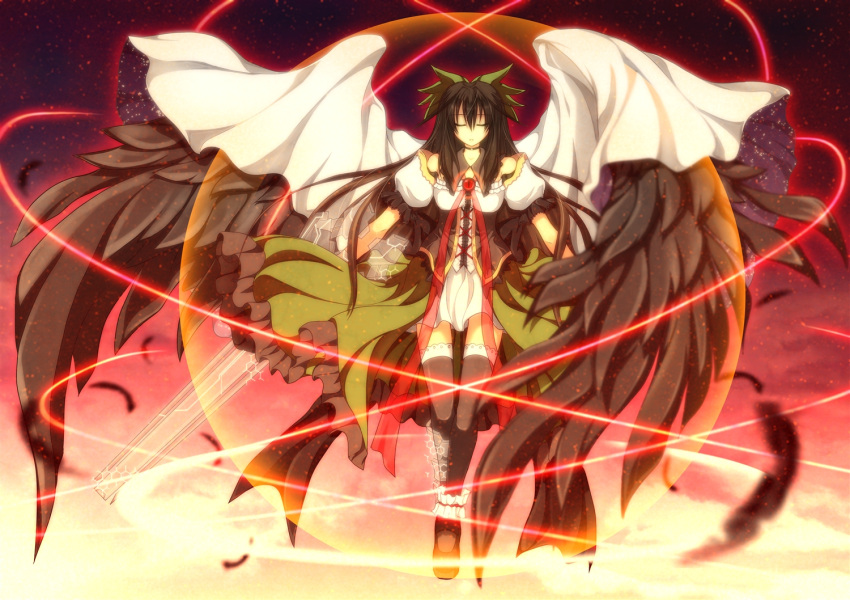 alternate_costume, alternate_weapon, arm_cannon, bare_shoulders, black_hair, black_legwear, bow, cape