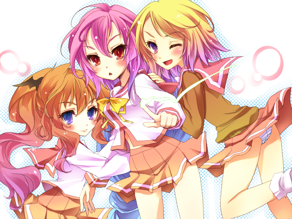 andou_mirai, aomi_izumi, blonde_hair, blue_hair, bow, brown_hair, itsuka_tenma_no_kuro_usagi, izumi_aomi