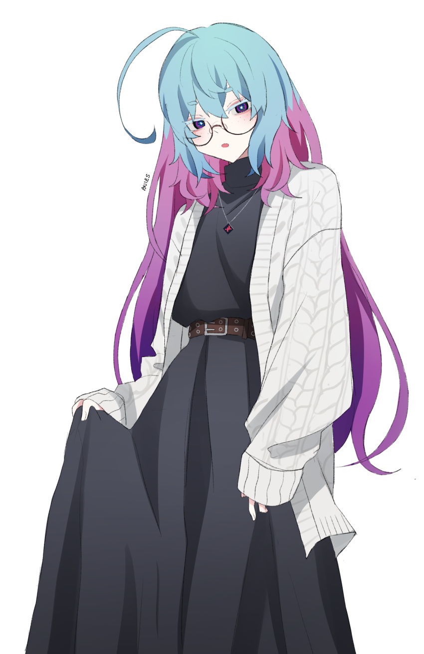 1girl, absurdres, ahoge, anies_kouhai, belt, black_dress, blue_hair, brown_belt, cardigan, colored_eyelashes, commentary, cowboy_shot, dress, fashion, glasses, highres, hitnex, j-core, jewelry, long_hair, long_sleeves, looking_at_viewer, multicolored_eyes, multicolored_hair, necklace, nyankovsky, open_cardigan, open_clothes, open_mouth, purple_hair, round_eyewear, simple_background, solo, standing, very_long_hair, white_background, white_cardigan, white_eyelashes