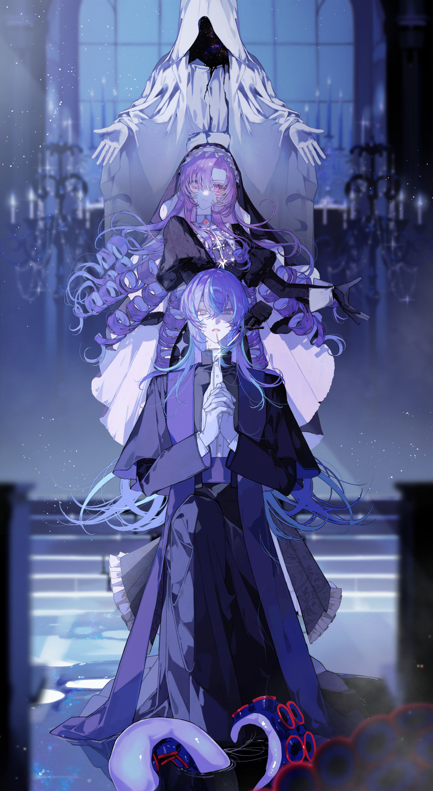 1boy, 1girl, absurdres, alternate_costume, black_dress, black_gloves, black_robe, black_veil