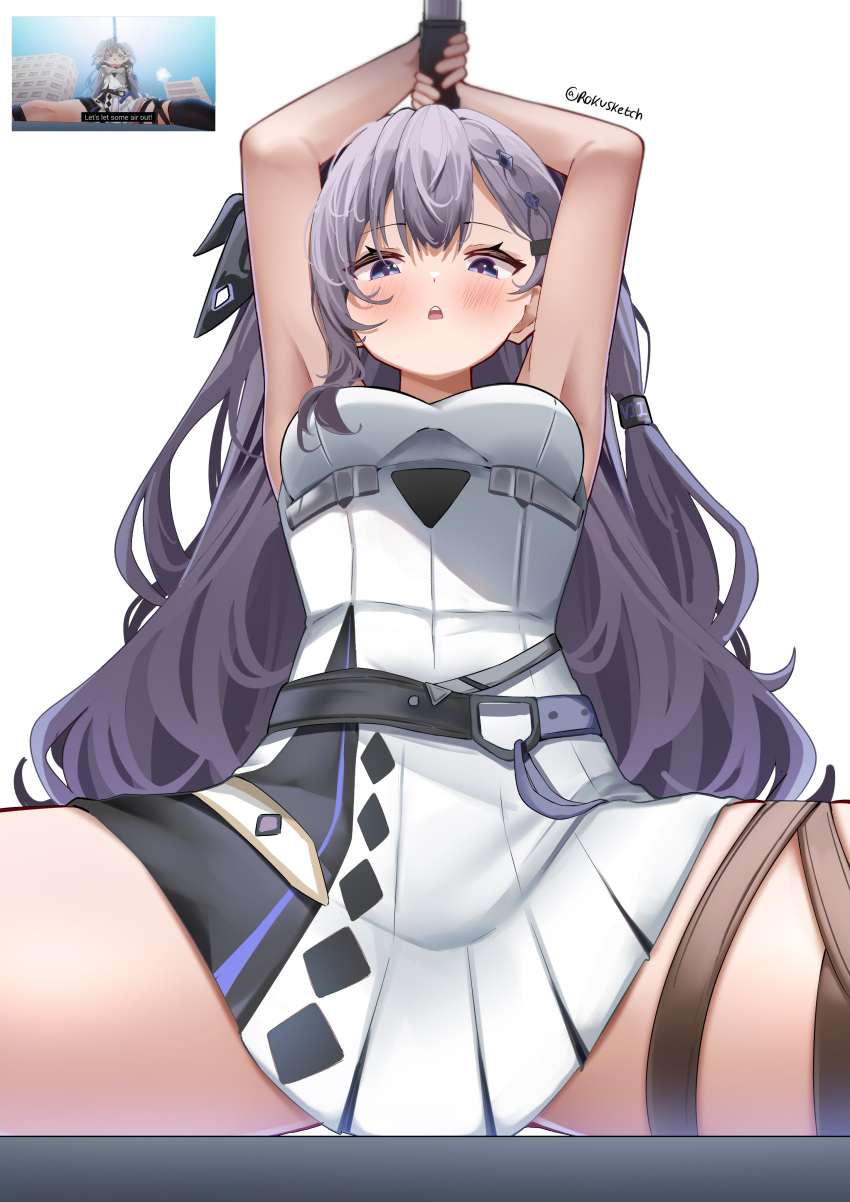 1girl, absurdres, blue_eyes, blush, breasts, commentary, cone_hair_bun, english_commentary, grey_hair, hair_bun, highres, hololive, hololive_indonesia, knife, long_hair, looking_at_viewer, open_mouth, rokusketch, scene_reference, solo, vestia_zeta, virtual_youtuber