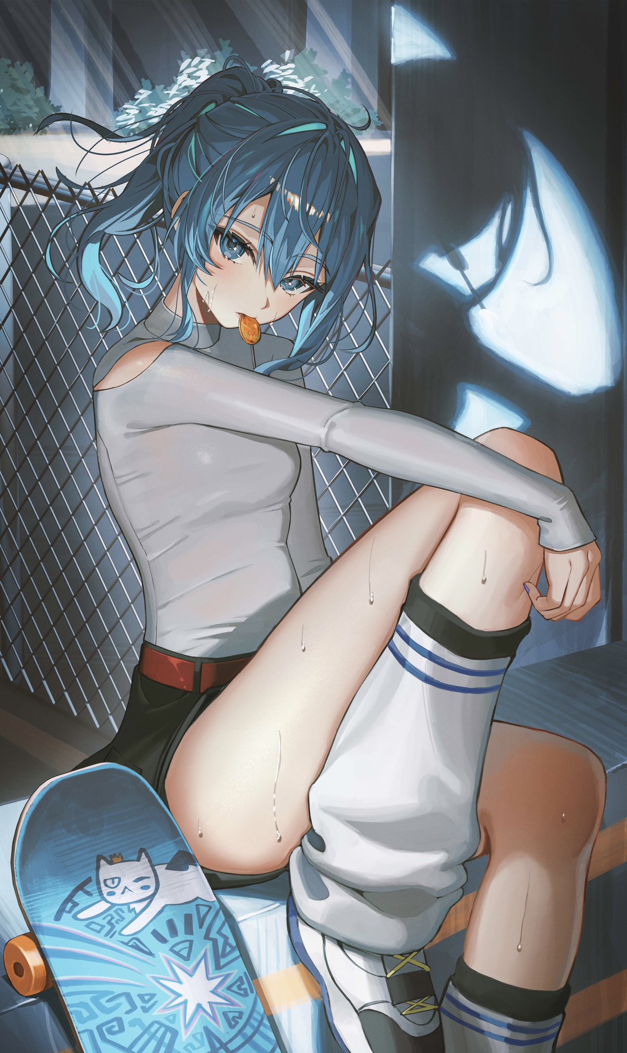 1girl, belt, black_skirt, blue_eyes, blue_hair, breasts, brown_belt, chain-link_fence