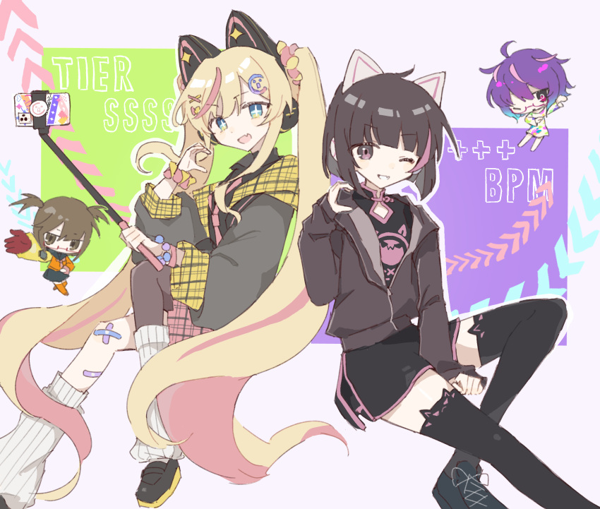 4girls, animal_ear_headphones, animal_ears, aqua_eyes, asakura_neko, black_shorts, black_thighhighs, blonde_hair