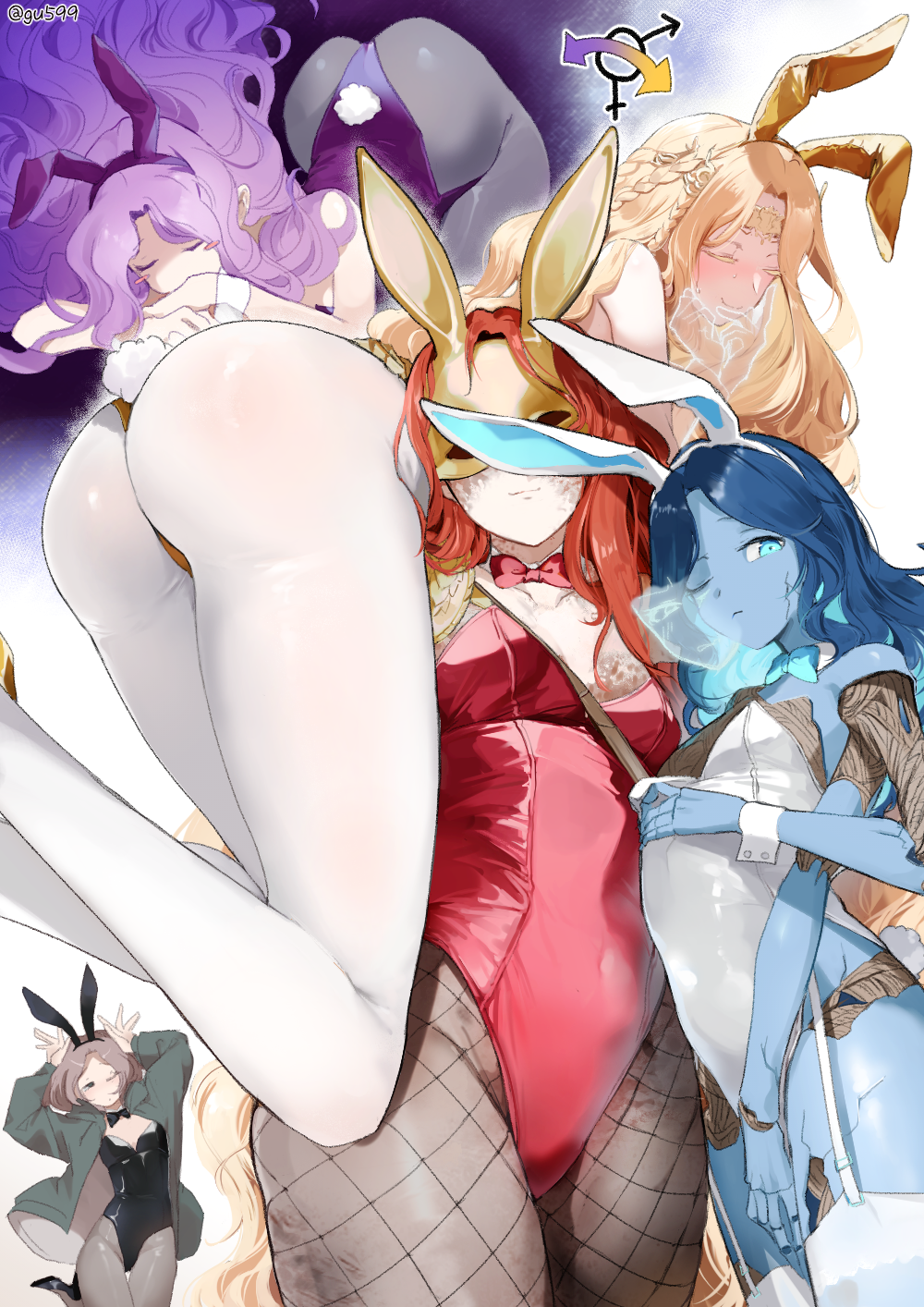 1boy, 4girls, animal_ears, black_pantyhose, blonde_hair, blue_hair, blue_skin, breasts