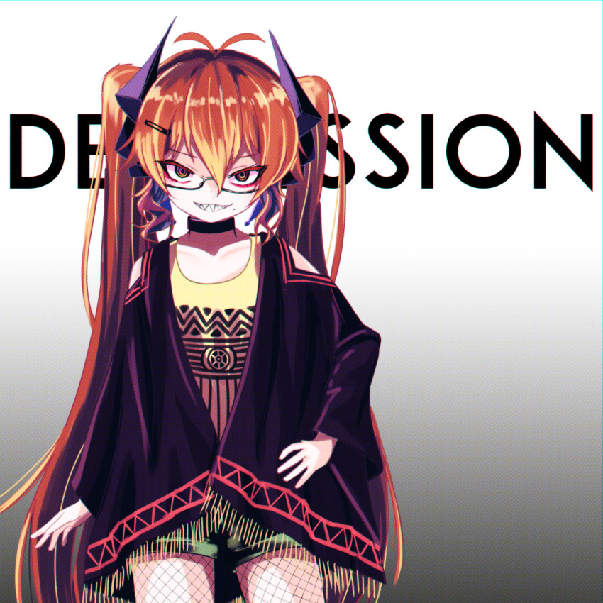 1girl, black_choker, black_shorts, choker, clothing_request, commentary, cowboy_shot, english_text