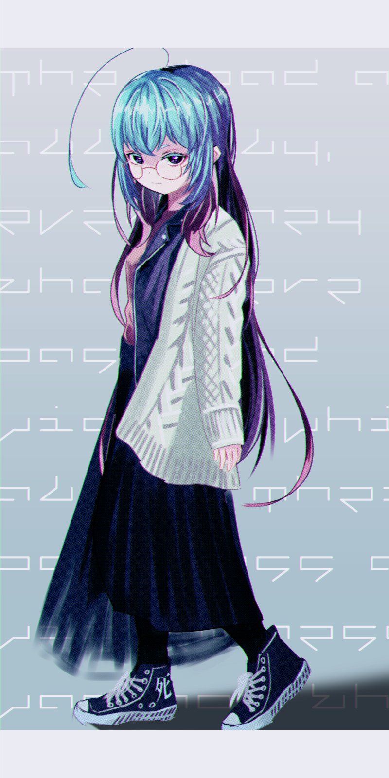 1girl, ahoge, black_coat, black_shoes, black_skirt, blue_hair, breasts, bright_pupils, brown_sweater, cardigan, character_name, coat, english_text, fashion, from_side, full_body, glasses, highres, hitnex, j-core, kobaryo, letterboxed, long_hair, long_skirt, long_sleeves, looking_at_viewer, multicolored_hair, nyankovsky, official_art, open_cardigan, open_clothes, open_coat, purple_hair, round_eyewear, shoes, simple_background, skirt, small_breasts, sneakers, solo, standing, sweater, very_long_hair, white_cardigan, white_pupils