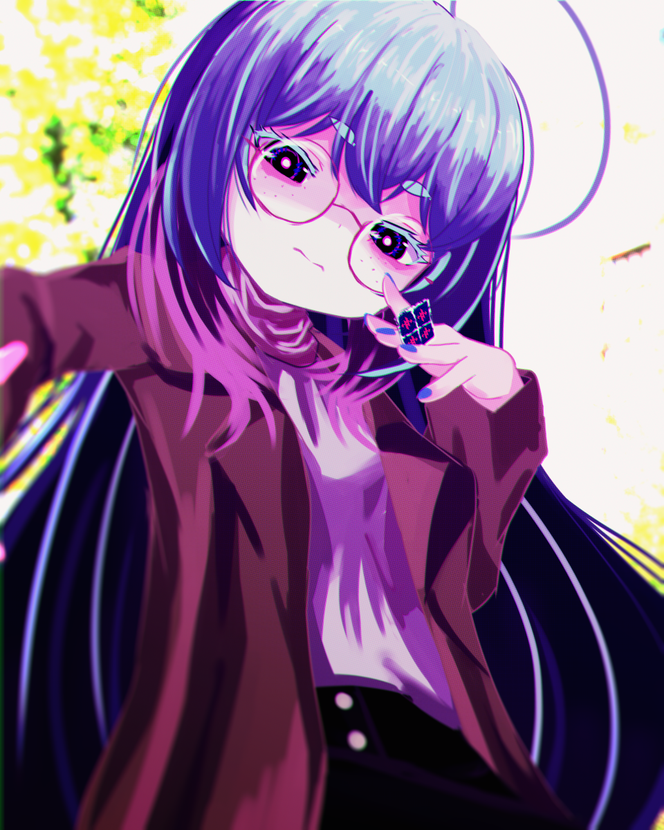 1girl, ahoge, black_skirt, blue_hair, blue_nails, blurry, blurry_background, bright_pupils