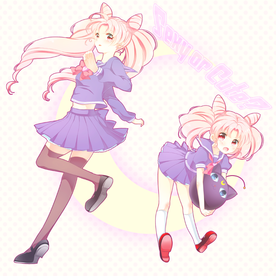 2girls, bishoujo_senshi_sailor_moon, black_legwear, chibi_usa, crescent, crescent_moon, dual_persona, heart, kneehighs, long_hair, luna-p, moon, multiple_girls, pink_eyes, pink_hair, red_eyes, school_uniform, serafuku, skirt, teenage, thigh-highs, thighhighs, twintails, uruu_(sweetishdrop), white_legwear