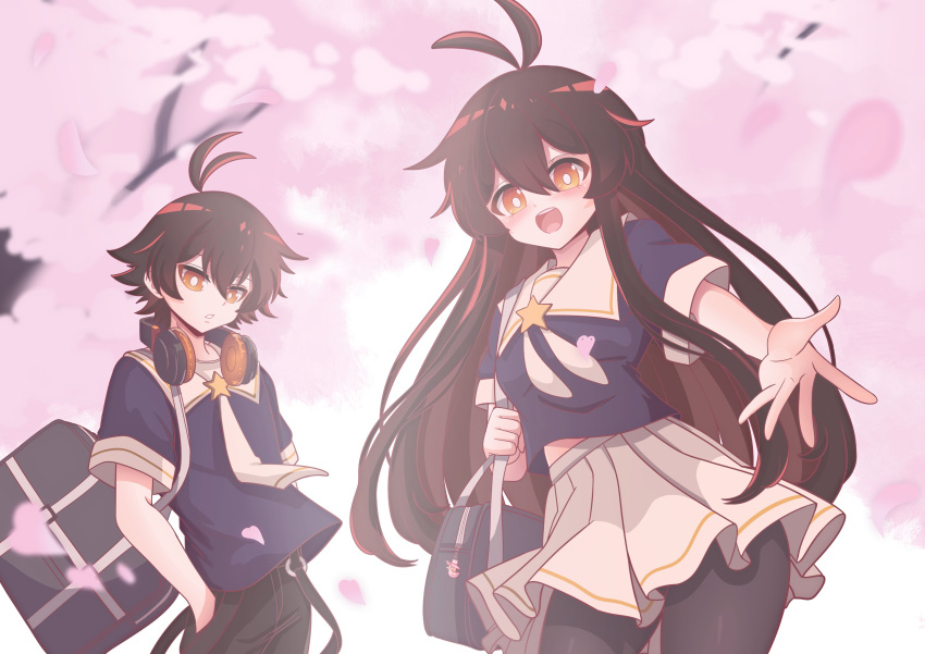 1boy, 1girl, :d, absurdres, antenna_hair, bag, bag_charm, beckoning