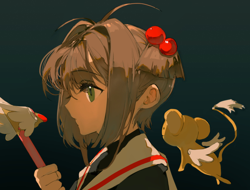 1girl, black_background, brown_hair, cardcaptor_sakura, closed_mouth, eyelashes, green_eyes, hair_intakes
