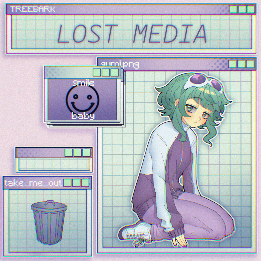 1girl, artist_name, closed_mouth, commentary, emoticon, english_commentary, english_text, expressionless, goggles, goggles_on_head, green_eyes, green_hair, grid, gumi, highres, jacket, jitome, light_blush, lost_media_(synthesizer_v), medium_hair, outline, pants, purple-tinted_eyewear, purple_jacket, purple_nails, purple_pants, shoes, sidelocks, sitting, song_name, synthesizer_v, tinted_eyewear, track_jacket, trash_can, treebarkagain, vocaloid, white_outline, white_shoes, window_(computing)