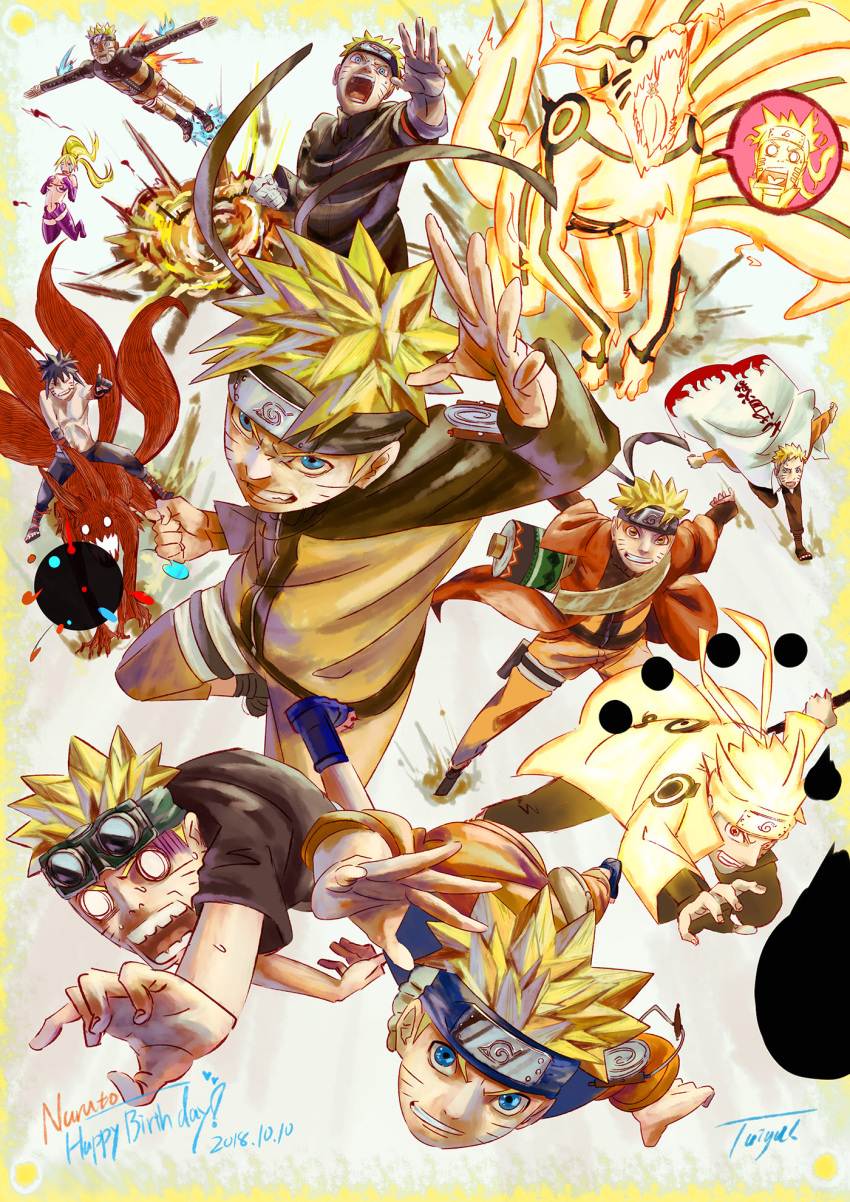 1girl, 6+boys, animal, aura, bijuu_dama, black_hair, blonde_hair, blue_eyes