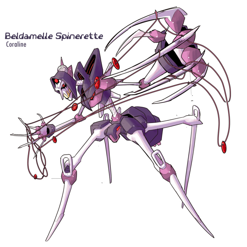 2000s_(style), armor, arthropod_limbs, buttons, character_name, claws, copyright_name, coraline