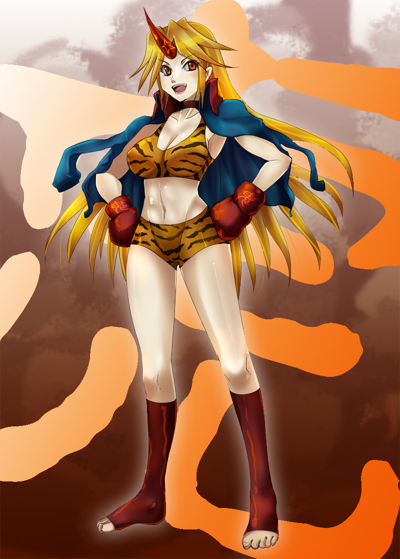 1girl, boxing_gloves, brown_eyes, dtcy, horn, hoshiguma_yuugi, long_hair, mound_of_venus
