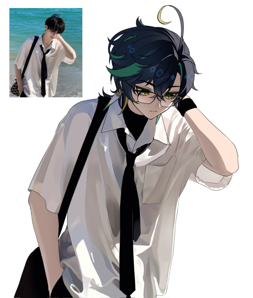 1boy, ahoge, alternate_costume, arm_behind_head, bag, bespectacled, black_hair, black_necktie