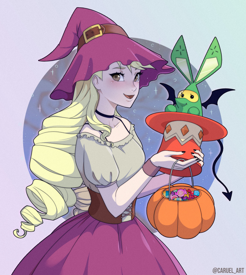 2girls, absurdres, artist_name, black_nails, blonde_hair, candy, caruel_art, demon_tail