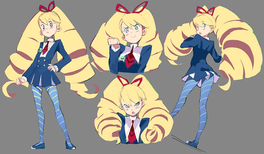 1girl, blonde_hair, blue_dress, blue_pantyhose, blush, bow, dress, drill_hair